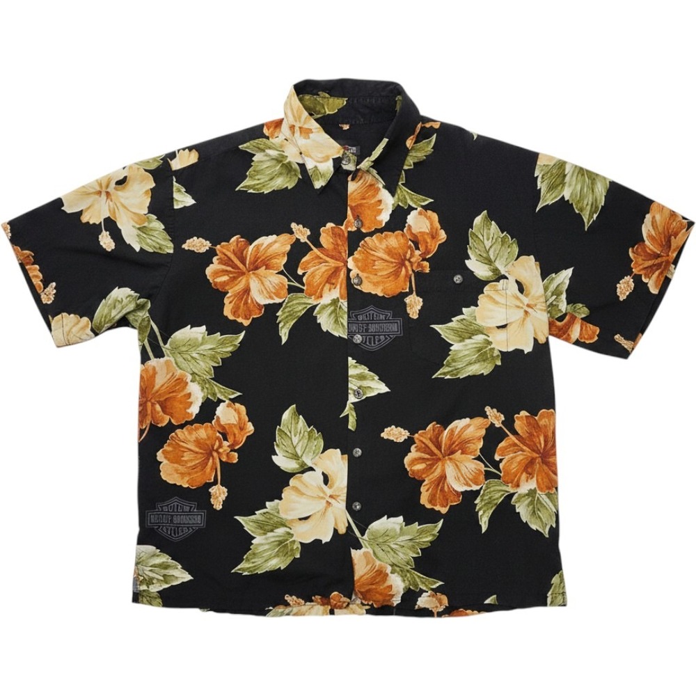 Harley Davidson Mens Black Hibiscus Floral Hawaiian Shirt Viscose Large USA Made - Picture 1 of 11